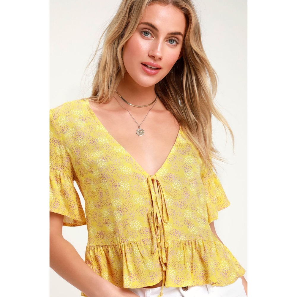 Lulus Breah Floral Print Tie Front Top Yellow Small - Picture 4 of 8